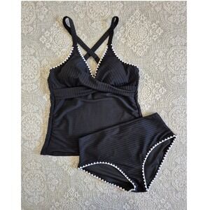 Daci Womens Black Textured Scalloped Trim Tankini Swimsuit Set Size L NEW